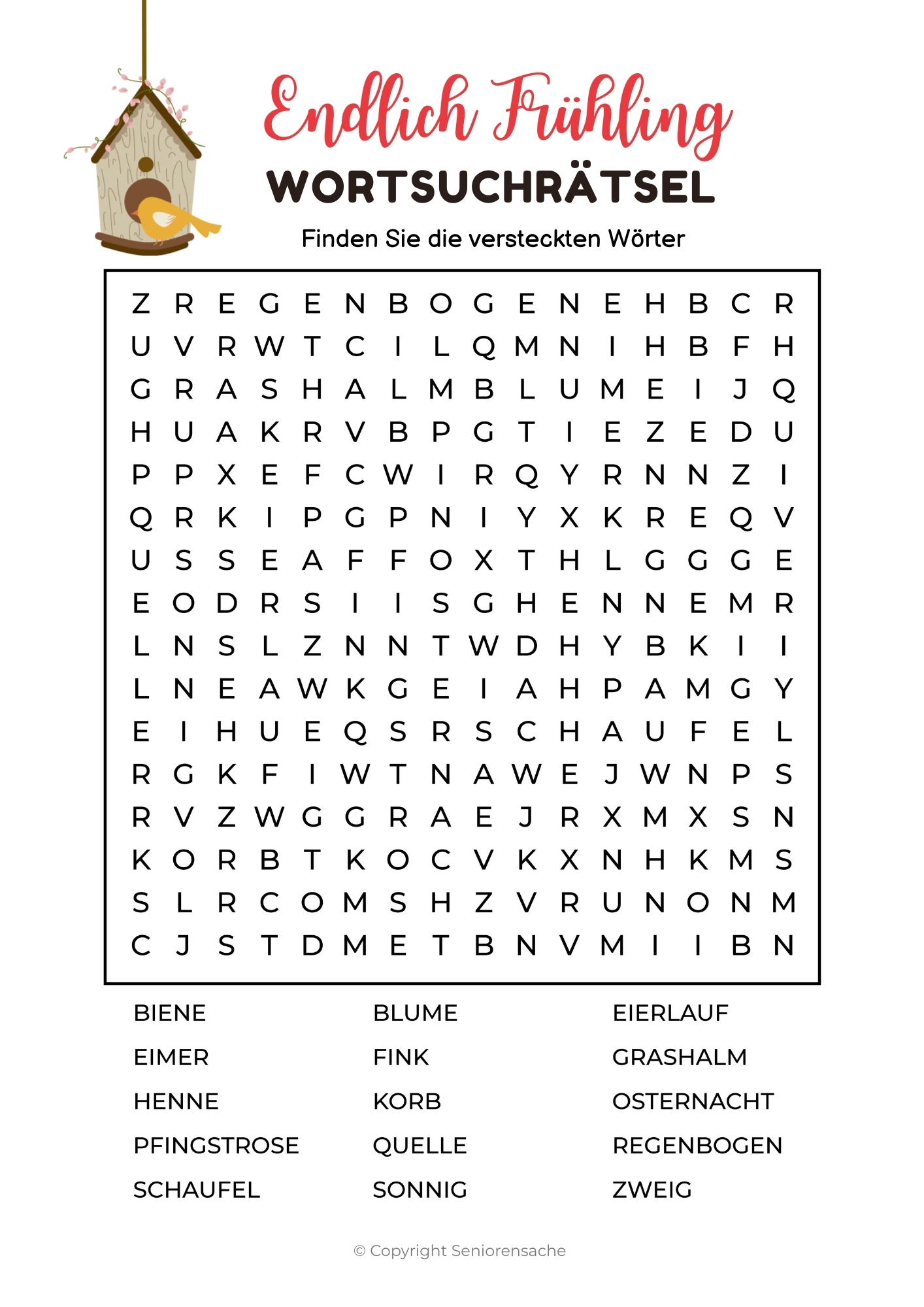 Wortsuchrätsel für Senioren Thema Frühling: Kostenloser Download für